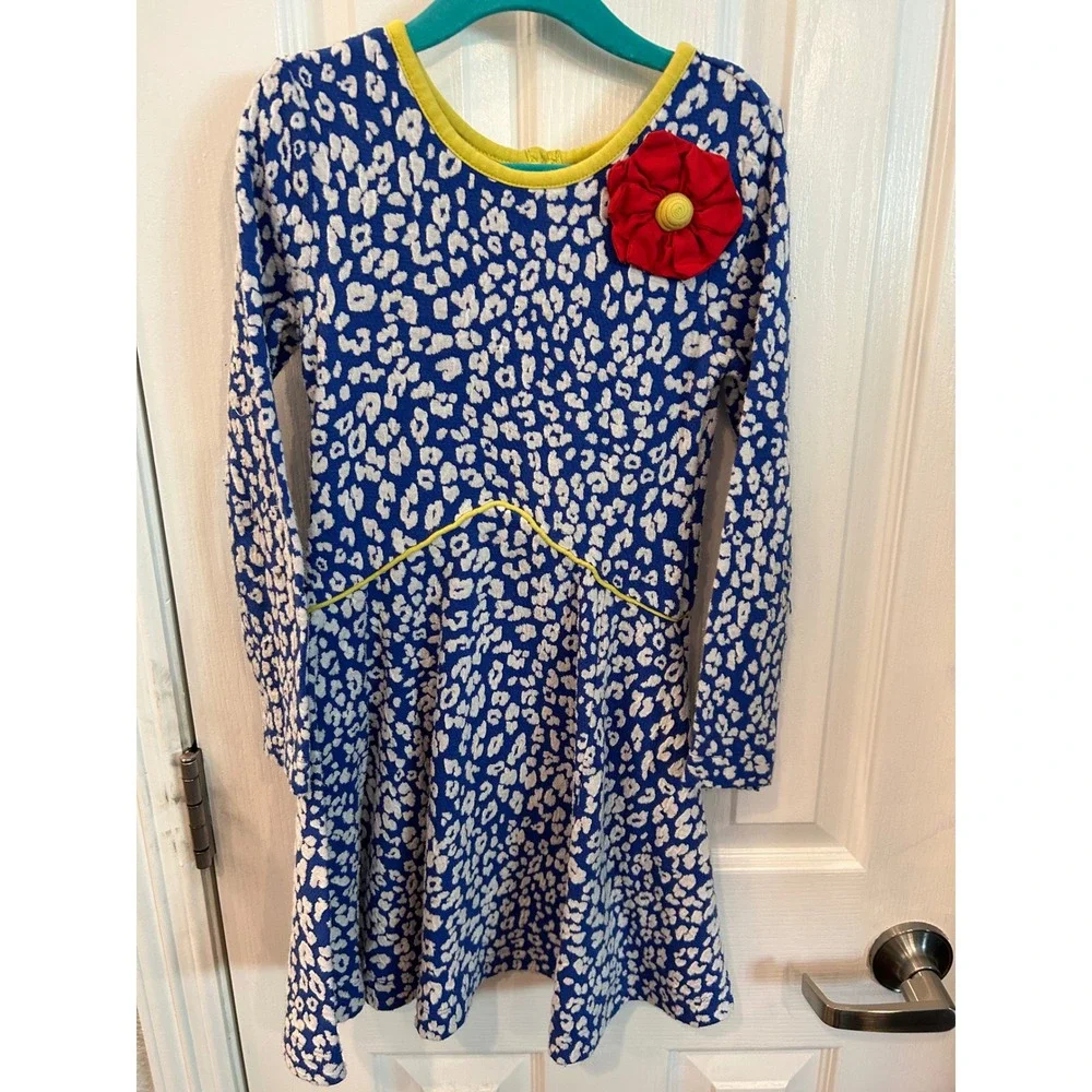 Emily Rose Dress Blue Animal Print Long Sleeve Flower Applique Kids Size 6